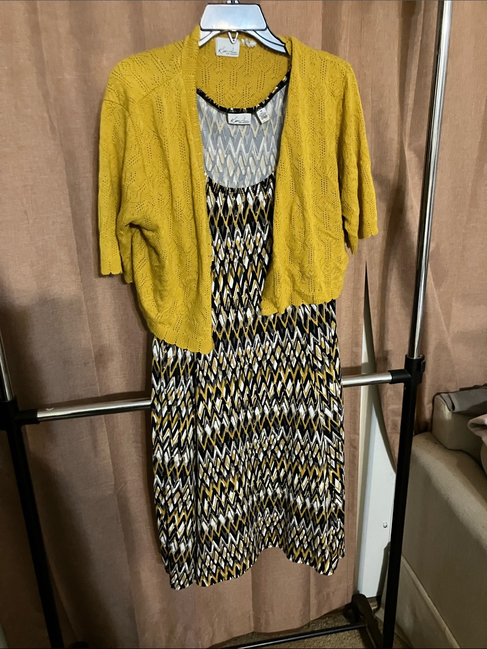 Kim Rogers Yellow & Black Patterned Midi Dress with Mustard Knit Shrug